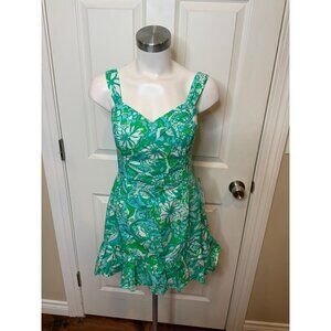 Lilly Pulitzer Green Blue White Floral Swan Monkey Print Dress W/ Shorts, Size 2